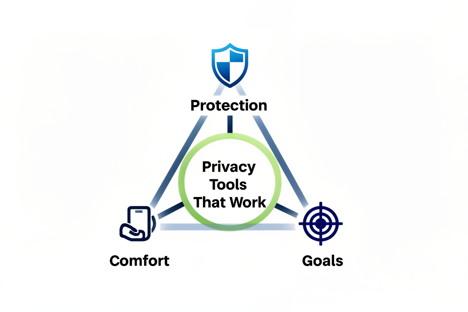 Triangle diagram showing Protection, Comfort, and Goals as three criteria for privacy tools that work