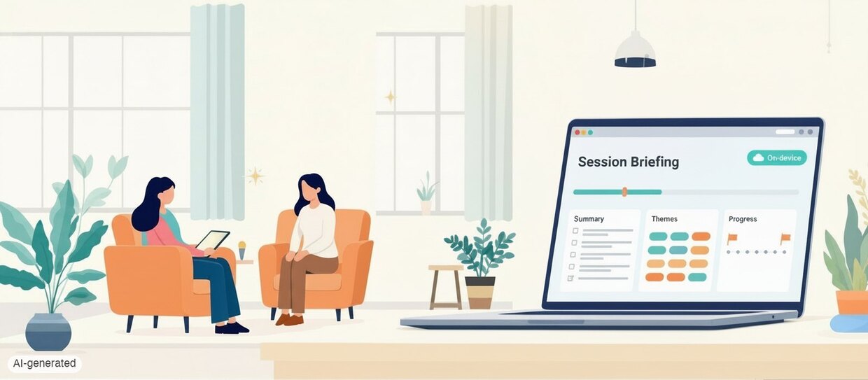 Illustration of a therapy session: a therapist with a tablet and a client in armchairs, next to a laptop showing a session briefing with summary, themes and progress (AI-generated)